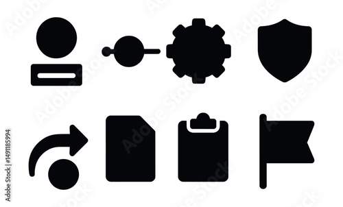 Solid style icons of workflow approvals: stage complete icon, process confirmed, automation step passed, approval workflow badge, flow arrow with tick, internal review done, business task check,