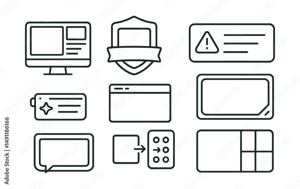 Line style icons of stream overlays: screen layout icon, border badge, alert system tag, webcam overlay file, stream graphics board, transition effects chart, frame bubble, design layout symbol. Line style icons of stream overlays: screen layout icon, border badge, alert system tag, webcam overlay file, stream graphics board, transition effects chart, frame bubble, design layout symbol.