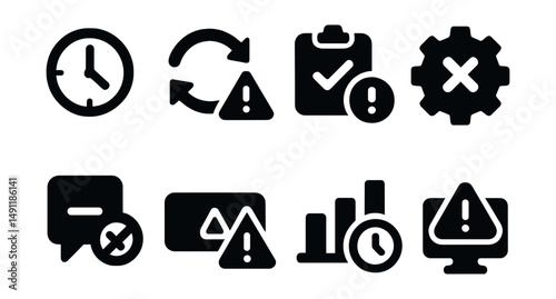 Solid style icons of notifications and status issues: delayed status icon, failed sync warning, task overdue alert, job failure badge, update conflict icon, message blocked, alert in notification bar