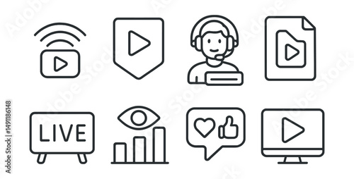 Line style icons of streaming platforms: streaming icon, platform badge, content creator tag, stream setup file, live broadcast board, viewer chart, stream interaction bubble, online streaming symbol