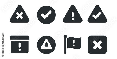 Solid style icons of muted or resolved warnings: warning dismissed icon, resolved issue badge, muted alert triangle, alert with checkmark, archived warning, alert history icon, previously flagged,