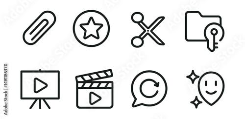 Line style icons of stream highlights: clip icon, highlight badge, video cut tag, key moment file, stream recap board, highlight reel chart, replay bubble, memorable moment symbol.