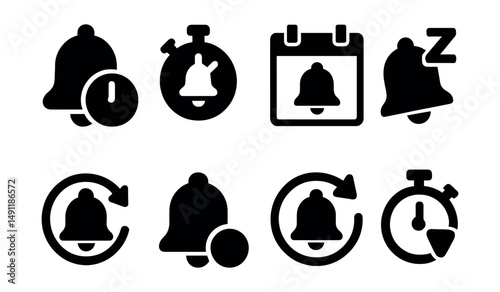 Solid style icons of scheduled and delayed notifications: bell with clock, timer alert, calendar reminder icon, snooze icon, reschedule bell, delay dot, repeat notification, pending alert.