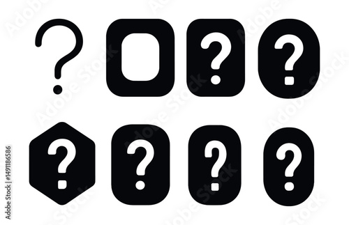 Solid style icons of minimal and aesthetic variants: mono line “?”, soft shape icon, rounded corner question, filled flat icon, shadowed “?”, sharp-edged badge, flat UI mark, pill-shaped question tag