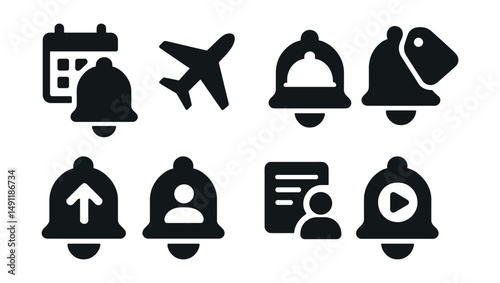 Solid style icons of mobile alerts: push notification bell, lock screen bell, status bar icon, alert popup, vibrate alert, mobile app bell, notification shade, tap to open bell.