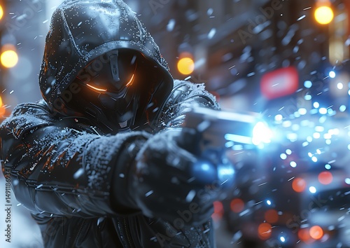 Futuristic figure in winter city, aiming gun