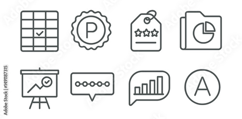 Line style icons of scoring systems: scorecard icon, point system badge, performance rating tag, grade distribution file, feedback chart board, scoring scale chart, result summary bubble, grade