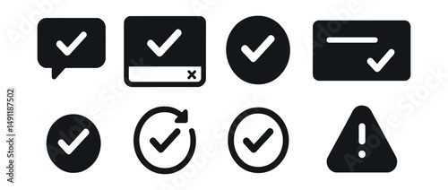Solid style icons of UI feedback: green check popup, confirmed dialog box, completed animation, done loading icon, success message icon, OK button, check with ring, alert check.