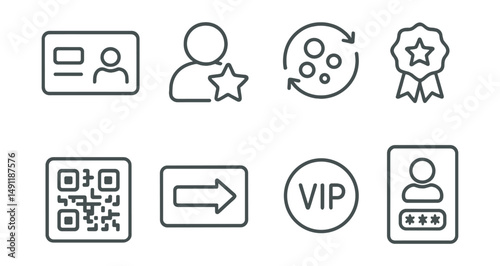 Line style icons of loyalty program basics: loyalty card, user profile with star, point accumulation icon, tier level badge, membership QR code, “join now” card, VIP circle icon, member login screen.