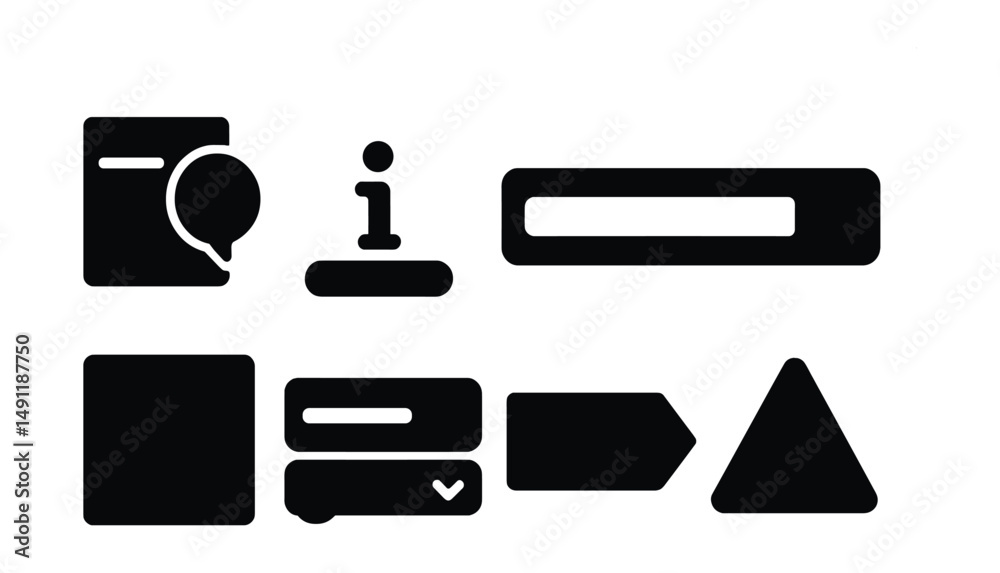 Solid style icons of website and UI info: page tooltip icon, website footer “i”, form field info, nav bar info icon, info modal icon, icon with dropdown info, help text tag, page explanation mark.