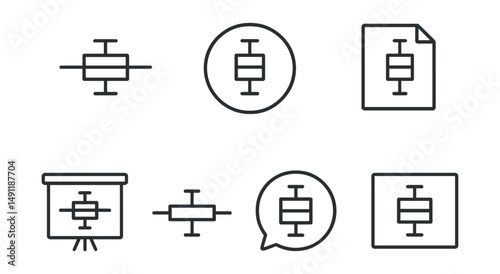 Line style icons of box plots: data spread icon, quartile badge, outliers tag, data distribution file, range chart board, median line chart, boxplot bubble, statistical summary symbol.