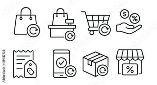 Line style icons of cashback on purchase: shopping bag + cashback, checkout with cashback line, cart with percentage badge, payment + reward symbol, cashback tag on receipt, confirm order cashback