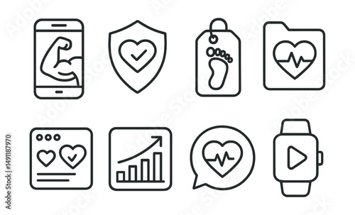 Line style icons of fitness tracking apps: workout app icon, fitness app badge, step count tag, health stats file, app notifications board, activity log chart, health tracking bubble, digital fitness