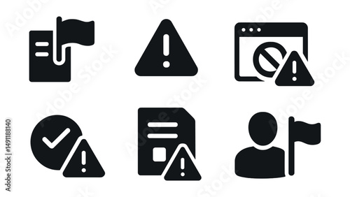 Solid style icons of content moderation and flagging: flagged post icon, report warning, inappropriate content alert, blocked comment symbol, review required badge, violation warning, user flagged