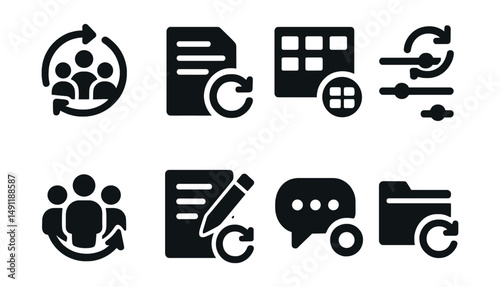Solid style icons of teamwork and collaboration updates: project sync icon, shared doc update, task board refresh, timeline auto-update, collaboration refresh badge, real-time edit icon, message