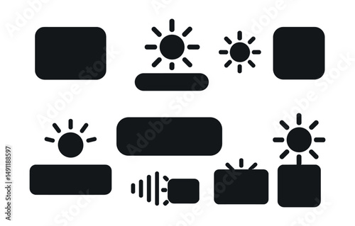 Solid style icons of UI component brightness: card with bright outline, menu item glow, button with brightness state, icon with light border, nav bar sun effect, brightness indicator in UI, module