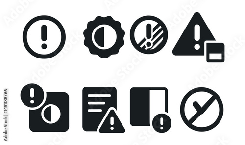 Solid style icons of warning and contrast issues: exclamation icon for contrast error, too low contrast badge, failed visual test icon, warning triangle with color box, accessibility contrast error,