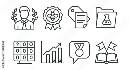 Line style icons of academic competitions: academic contest icon, spelling bee badge, essay competition tag, science fair file, quiz competition board, academic ranking chart, student award bubble,