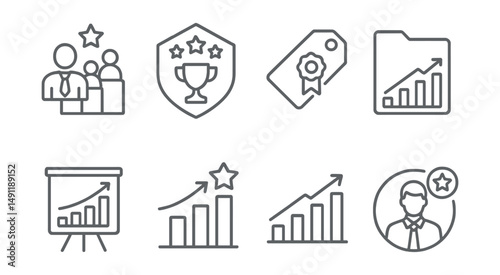 Line style icons of business leaderboards: business rank icon, sales leaderboard badge, top seller tag, company performance file, revenue board, business achievement chart, market leader bubble,