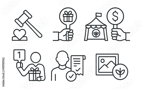 Line style icons of auction as charity sale format: gavel with donation heart, paddle with gift box, auction tent with nonprofit banner, final bid to give icon, winner + receipt, auctioneer with item