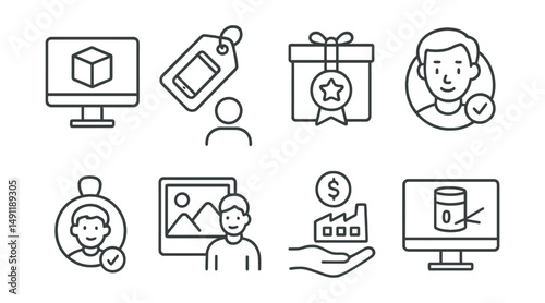 Line style icons of product crowdfunding: prototype image icon, device concept tag, product tier reward, early tester badge, maker profile + project, behind-the-scenes image, funding for production