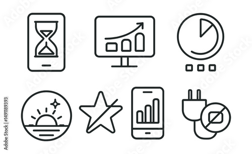 Line style icons of screen time awareness: hourglass over phone, screen usage graph, app limit timer, daily phone usage bar, digital sunset icon, screen-free goal star, notification block icon,