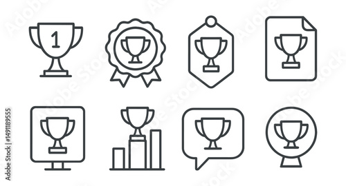 Line style icons of competition trophies: first place trophy icon, runner-up cup badge, winner’s plaque tag, contest prize file, competition trophy board, ranking chart, prize award bubble, contest