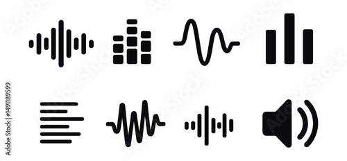Solid style icons of audio spectrum and visualizers: soundwave icon, audio spectrum bars, waveform icon, animated audio bar, equalizer lines, dynamic sound display, audio pulses icon, speaker with