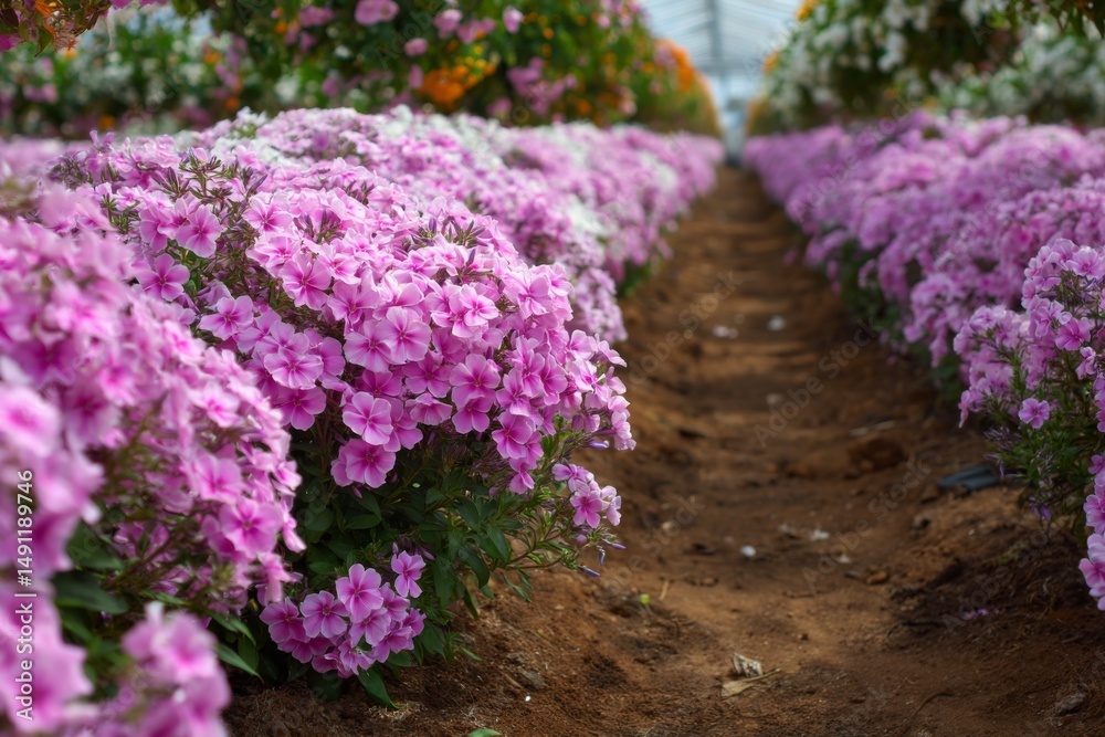 Obraz premium Rows of Beautiful Phlox Blossom in a Greenhouse Environment, Featuring Pink and White Petals Growing in a Horticultural Garden