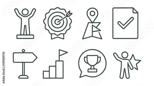Line style icons of achievement milestones: accomplishment icon, target reached badge, success marker tag, goal completed file, milestone board, progress step chart, achievement unlocked bubble,