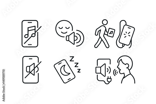 Line style icons of audio & silent alternatives: screen-off music icon, calm audio story tag, phone screen dimmed + earphones, walking + audiobook combo, silent device icon, sleep sound + phone