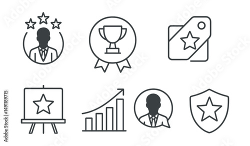 Line style icons of industry awards: industry leader icon, business trophy badge, sector achievement tag, corporate recognition file, market excellence board, business ranking chart, industry