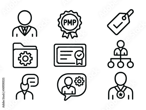Line style icons of project management certifications: project manager icon, PMP badge, certified manager tag, project skills file, management certification board, leadership chart, project expert