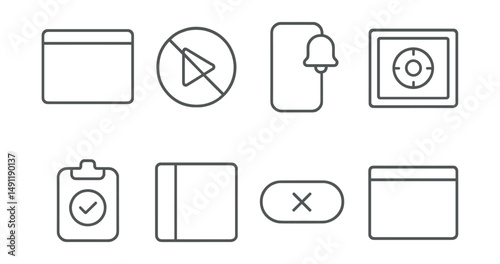 Line style icons of minimal distraction interfaces: clean screen layout, no autoplay media icon, silence mode badge, neutral focus border, one task at a time symbol, empty sidebar option, hide