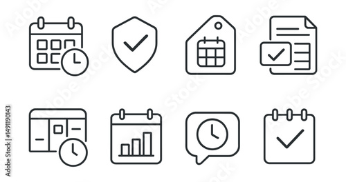 Line style icons of task scheduling: schedule icon, planned task badge, set date tag, task booking file, time-based task board, calendar event chart, scheduled reminder bubble, task planner symbol.