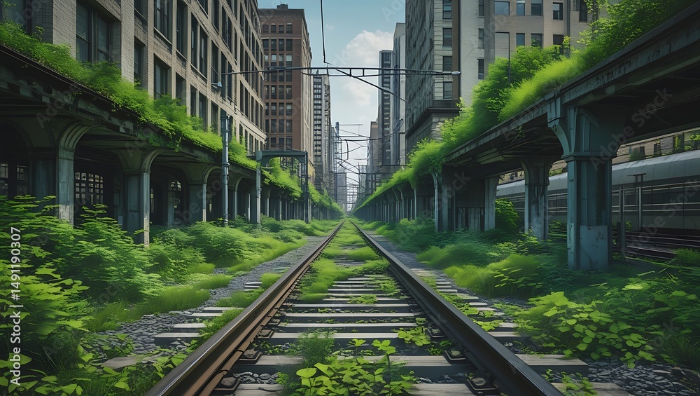 Naklejka premium Overgrown City Train Tracks: Green Vegetation Reclaiming Grey Urban Ruins created with generative ai