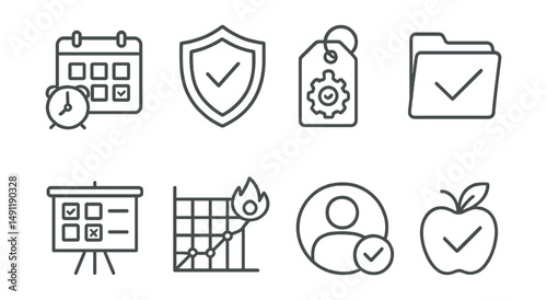 Line style icons of habit-related goals: daily routine icon, good habit badge, habit formation tag, consistency file, habit tracker board, daily streak chart, self-discipline bubble, healthy habit