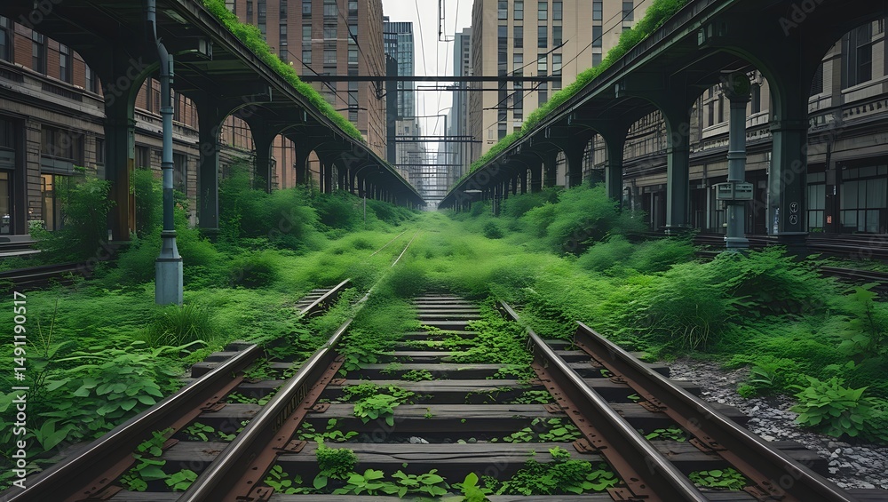 Fototapeta premium Overgrown City Train Tracks: Green Vegetation Reclaiming Grey Urban Ruins created with generative ai