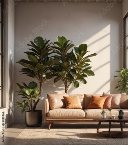 Rubber fig plant in a sunlit corner, next to a stylish sofa ,  living room,  nature,  room decor
