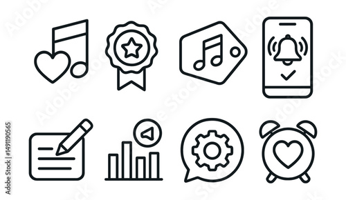 Line style icons of personalized alarms: favorite song icon, custom tone badge, personalized ringtone tag, pre-set alarm file, custom label board, choice of sound chart, custom setting bubble,