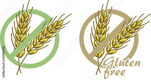Vector illustration of a gluten-free symbol with a crossed wheat ear. Ideal for food packaging, health products, diet labels, allergy awareness, and nutrition-related designs.