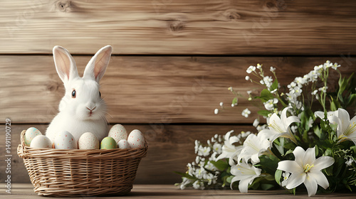 Adorable White Bunny Sitting in a Wicker Basket Full of Speckled Easter Eggs with Elegant White Lilies on Rustic Wooden Planks