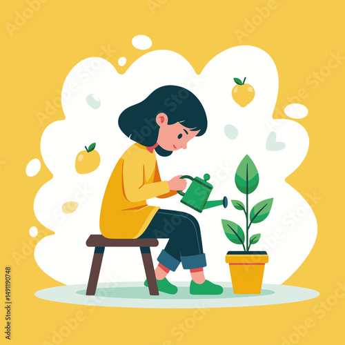 Girl joyfully watering a green plant while sitting on a stool against a bright yellow background, concept of gardening or plant care