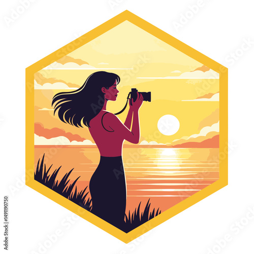 Young woman capturing sunset moments with a camera, standing on grassy shore against a vibrant ocean backdrop, travel and photography concept of vacation or adventure