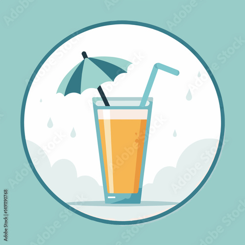 Refreshing summer drink with a tropical umbrella and straw illustrated against a soft turquoise background, concept of summer holiday at grandma's or beach resort