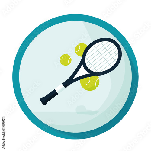 Tennis racket with green tennis balls against a light background, illustrating summer sports and active lifestyle, concept of sports goods, fitness centers, and summer camps