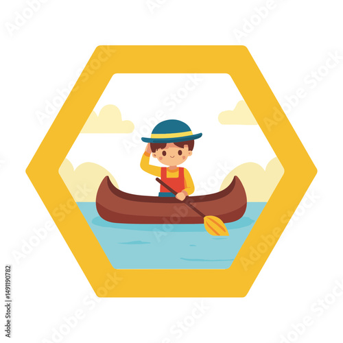 Cheerful young boy paddling in a canoe on a bright sunny day with soft clouds and a calm blue lake, summer adventure concept of travel or outdoor activities