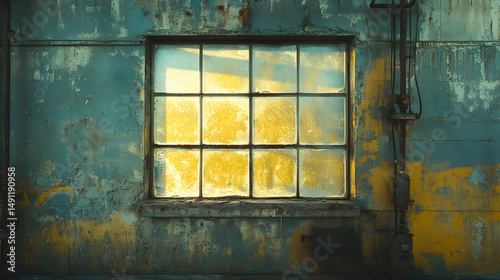 Aged Industrial Window with Rusty Frame Illuminated by Warm Golden Light through Textured Glass in a Weathered Wall