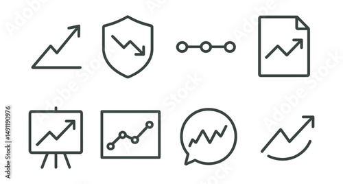 Line style icons of trend analysis: upward trend icon, downtrend badge, steady line tag, market flow file, directional chart board, long-term trend chart, market movement bubble, trend-following