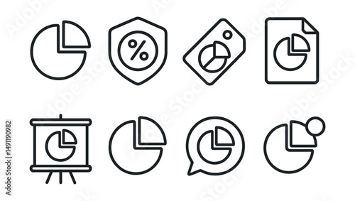 Line style icons of pie diagrams: pie slices icon, percentage chart badge, data segmentation tag, distribution file, circular chart board, segment comparison chart, portion breakdown bubble, data